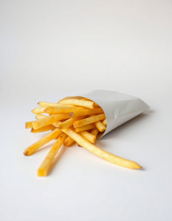 French fries in paper bag on white background. Selective focus.の写真素材