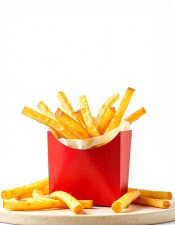 French fries in a red box on a white background. Fast food.