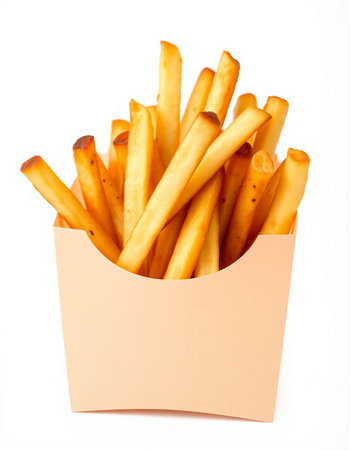 French fries in a paper box on a white background. Isolated