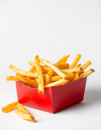French fries in a red box on a white background, fast food