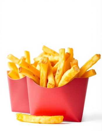French fries in a red box isolated on white background. Selective focus.