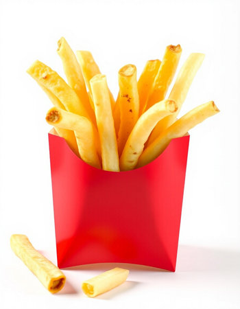 French fries in a red box on a white background. Isolated