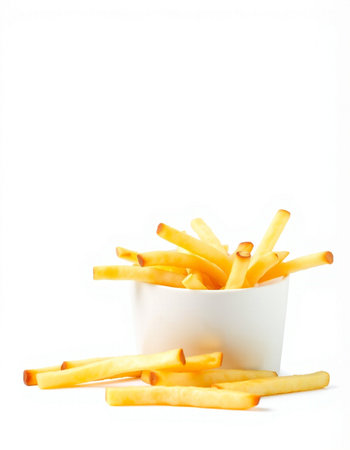 French fries in a bowl isolated on white background. Selective focus.