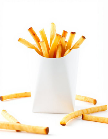 French fries in a white cup on a white background. Selective focus.