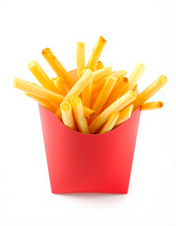 French fries in red box isolated on white background. Selective focus.
