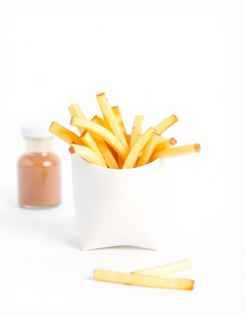 French fries in a white paper box on a white background. Selective focus.の写真素材