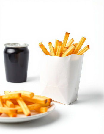 French fries in a paper bag and a soda can on a white backgroundの写真素材