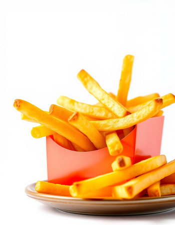 French fries in a red box on a white background. Selective focus.