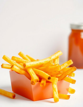 French fries in a box and a jar of jam on a white background