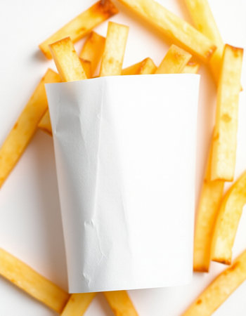 French fries with paper bag on white background. Top view, copy spaceの写真素材