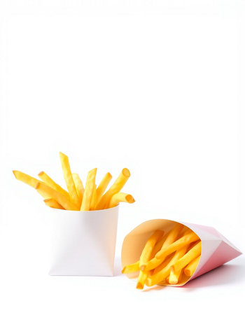 French fries in paper box isolated on white background. Fast food.