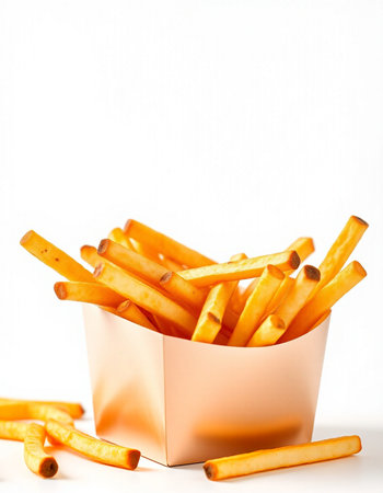 French fries in a paper box on a white background close-up
