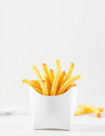 French fries in a white paper cup on a white background with space for text