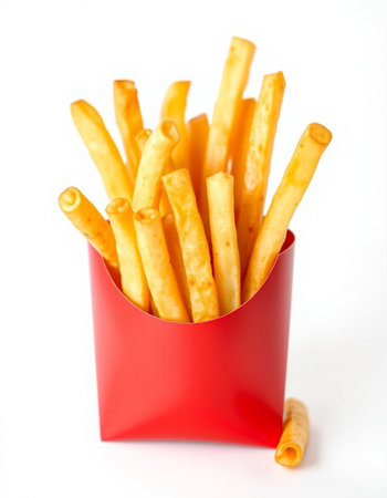 French fries in a red box on a white background, close-upの写真素材
