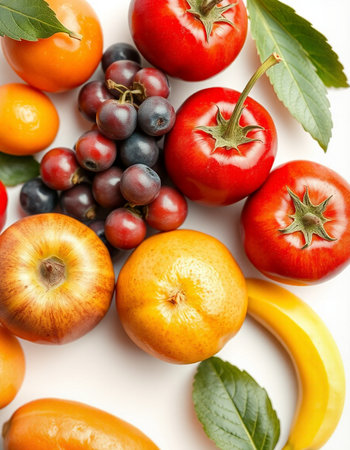 Fresh fruits and vegetables on white background, top view. Healthy foodの写真素材