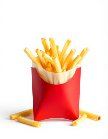 French fries in a red box on a white background. Fast food.