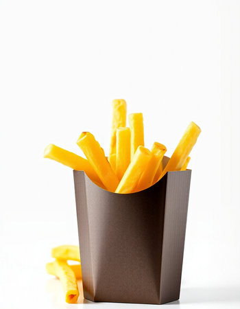 French fries in a paper box on a white background, fast food