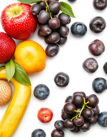 Fruits and berries isolated on a white background. Top view.