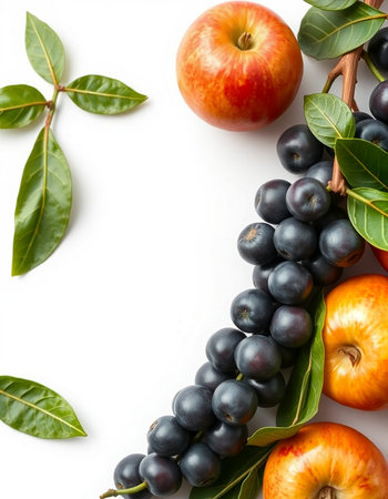 Fresh fruits and leaves on white background. Top view with copy spaceの写真素材