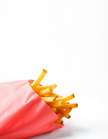 French fries in red paper bag isolated on white background. Copy space.