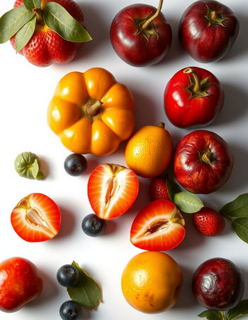 Fruits and berries on a white background. Flat lay, top viewの写真素材