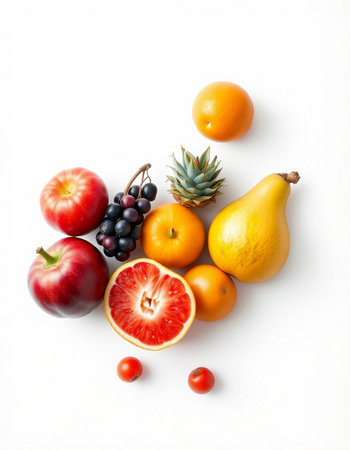 Fruits isolated on white background. Top view. Flat lay.の写真素材