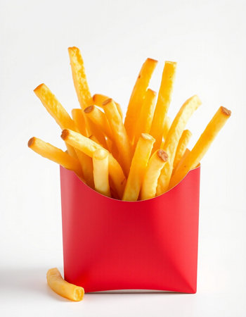 French fries in a red box on a white background. Isolated