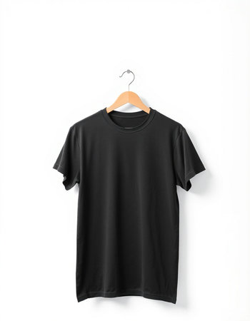 Black t-shirt hanging on a hanger isolated on white backgroundの写真素材