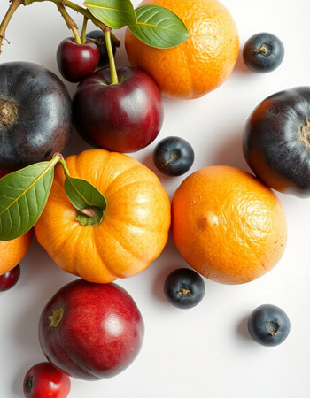 Fruits on a white background. Top view. Flat lay.の写真素材
