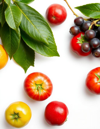 Fresh fruits and vegetables isolated on a white background. Top view.の写真素材