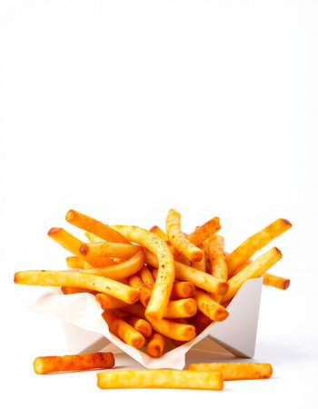 French fries in paper box isolated on white background. Selective focus.
