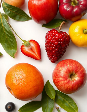 Fruits and berries on a white background. View from above.の写真素材