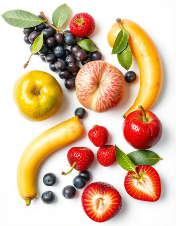 Fruits and berries isolated on a white background. Top view.
