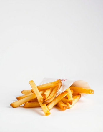 French fries in paper bag isolated on white background. Selective focus.の写真素材