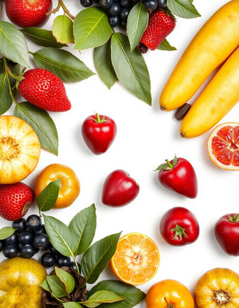 Fruits and berries isolated on white background. Flat lay, top viewの写真素材