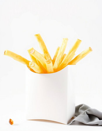 French fries in a white box on a white background. Selective focus.