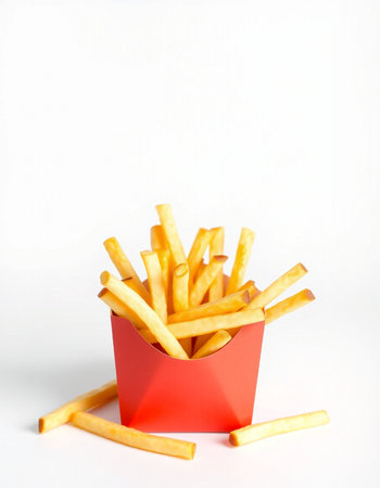 French fries in a red box on a white background, fast food