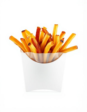 French fries in paper box isolated on white background. Fast food.