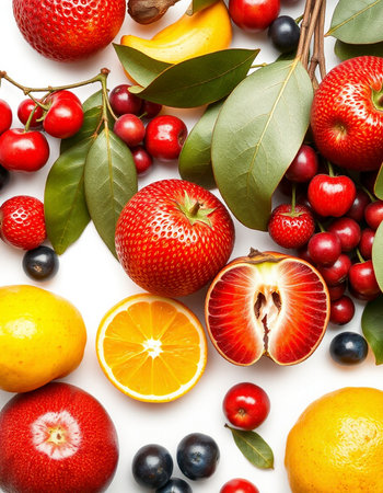 Fresh fruits on white background. Healthy food concept. Top view.の写真素材