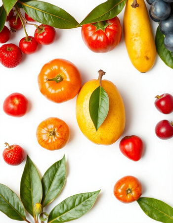 Fruits and vegetables on white background. Flat lay, top view