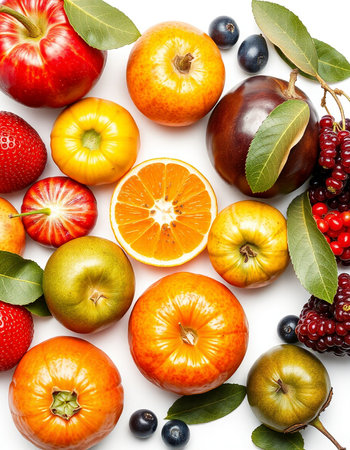 Various fruits and berries isolated on white background. Top view. Flat lay pattern.の写真素材