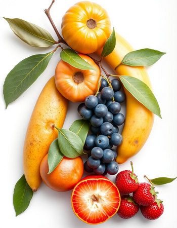 Fruits and vegetables isolated on a white background. Top view.