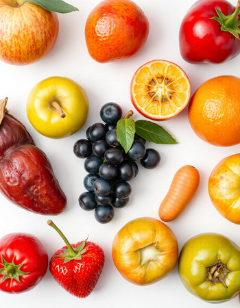 Fruits and vegetables on white background. Flat lay, top view