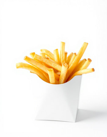 French fries in a white box on a white background. Isolated