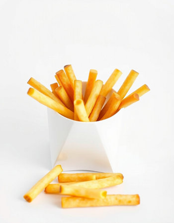 French fries in a white box on a white background. Fast food.