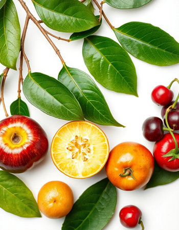 Composition with fresh fruits and leaves on white background, top viewの写真素材