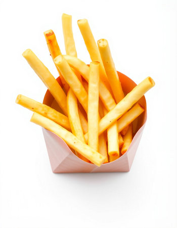 French fries in paper box isolated on white background. Selective focus.
