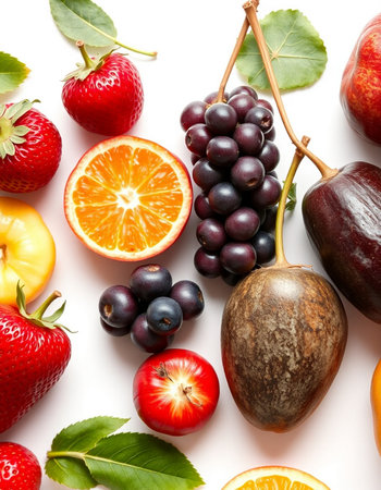 Fruits and berries isolated on white background. Flat lay, top viewの写真素材