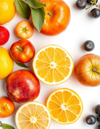 Fruits and berries on white background. Flat lay, top viewの写真素材
