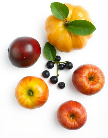 Fruits and vegetables isolated on white background. View from above.の写真素材